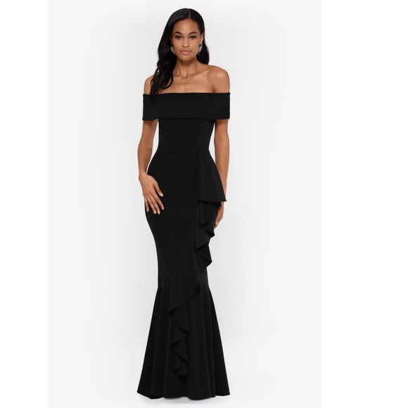 NEW Betsy & Adam BLACK Carina OFF THE SHOULDER Crepe RUFFLE Mermaid GOWN - Picture 10 of 13